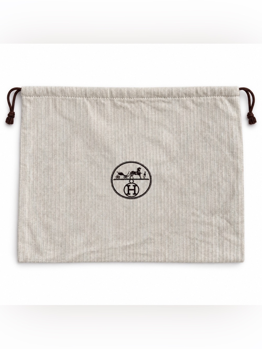 Hermès Herringbone Drawstring Dust Bag 16x11 Beige Brown Logo Storage Pouch